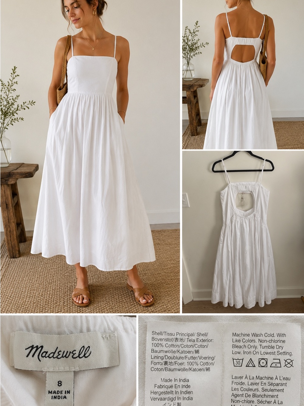 Madewell White Cotton Open Back Cutout Midi Dress Size 8